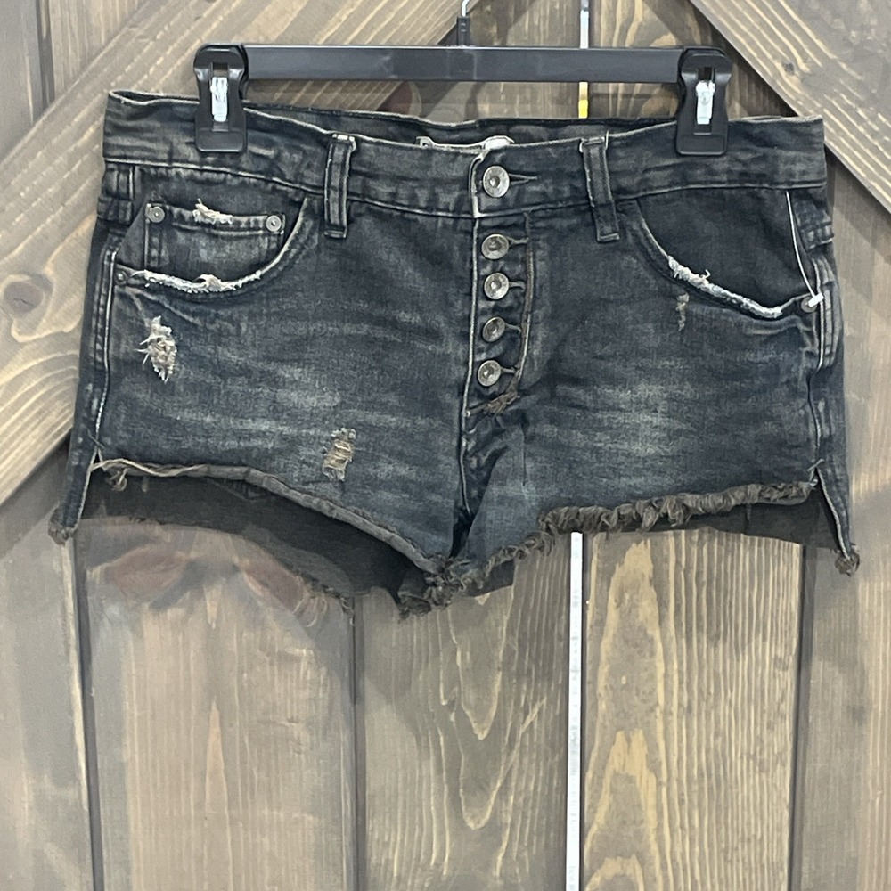 Free People Black Button Fly Distressed Cut Off Raw Hem Jean Shorts Size 26 NWOT